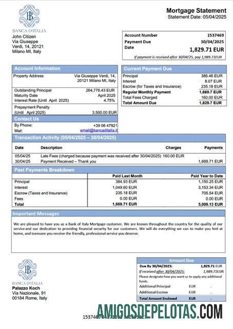 realista Modelo Word e PDF de declaração de hipoteca do Banco da Itália da Itália